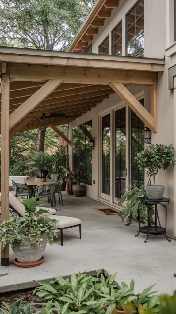 A covered patio with a concrete floor. The patio is furnished with a dining set and a lounge chair, along with potted plants. Large glass doors lead into the house. The roof is supported by wooden beams and posts.