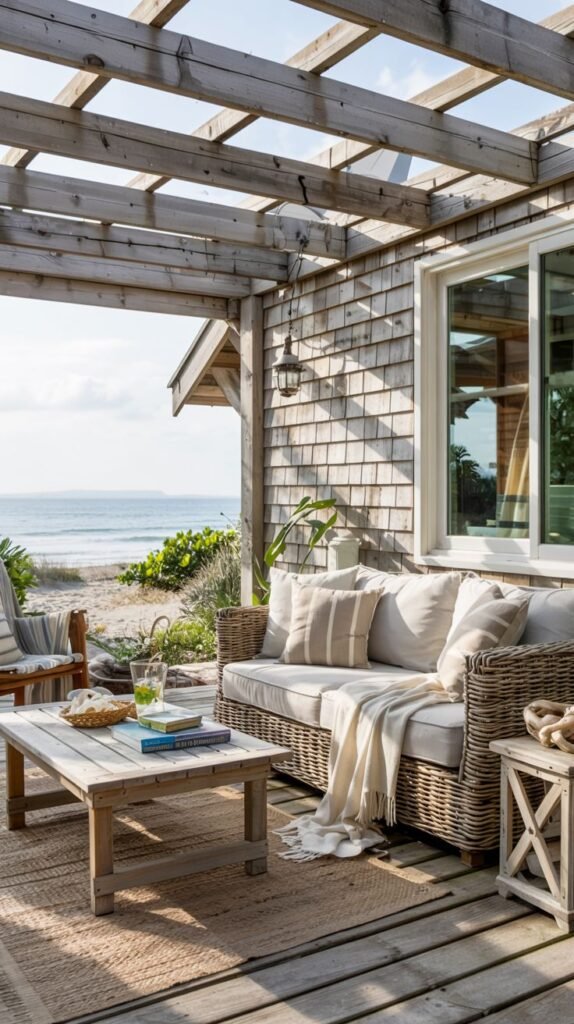 An outdoor deck with a wooden pergola overlooking a beach. The deck is furnished with outdoor seating, including a sofa and coffee table. The house wall is covered in shingles.