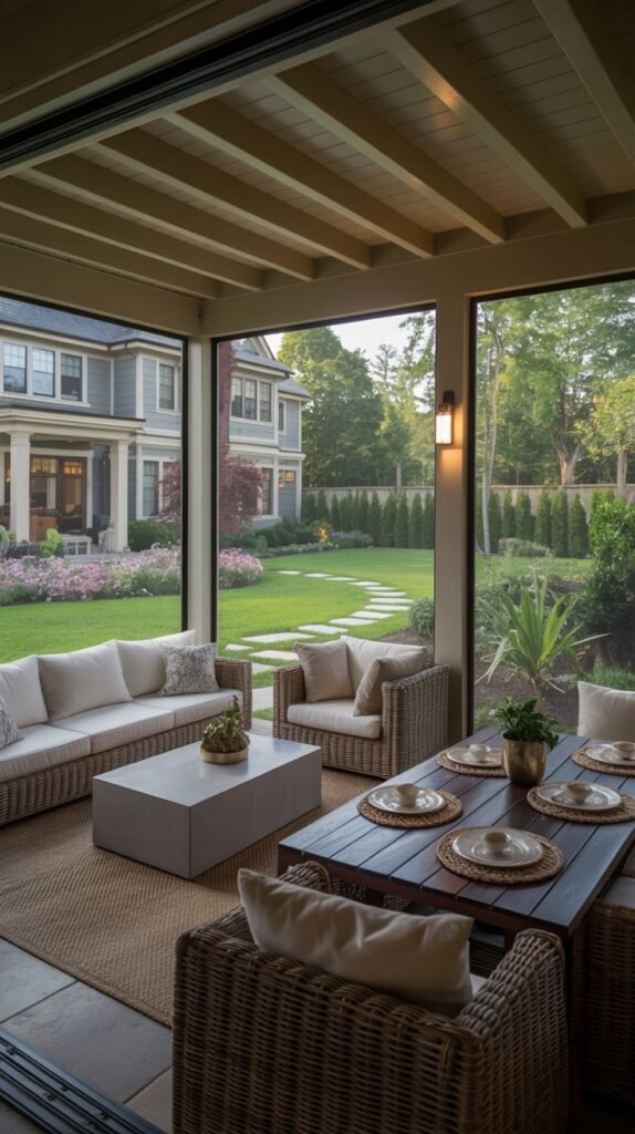 A screened-in porch with a tiled floor area and a rug. The porch is furnished with outdoor sofas, chairs, and a coffee table, as well as a dining table. Large windows look out onto a landscaped yard and house.