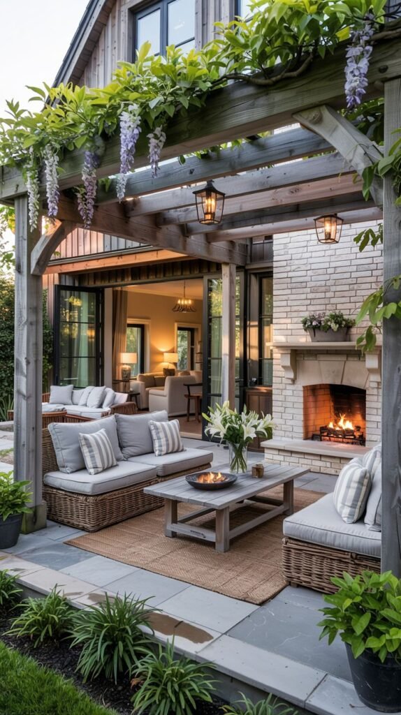 An outdoor patio with a stone tile floor and a wooden pergola covered in wisteria. The patio has a brick fireplace and is furnished with outdoor seating around a coffee table.