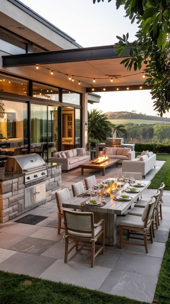 A large outdoor patio with stone tile flooring and a covered section with string lights. The patio includes a dining area with a large table and chairs, a lounge area with sofas around a fire pit, and a built-in grill.