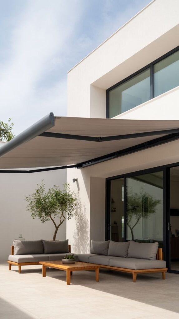 A modern patio with a concrete floor and an extendable awning attached to a white house. The patio is furnished with modern outdoor sofas and a coffee table.