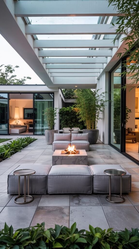 A modern outdoor patio with large stone tiles and a white slatted pergola with glass panels. The patio is furnished with modular seating around a fire pit, and tall potted plants are visible.