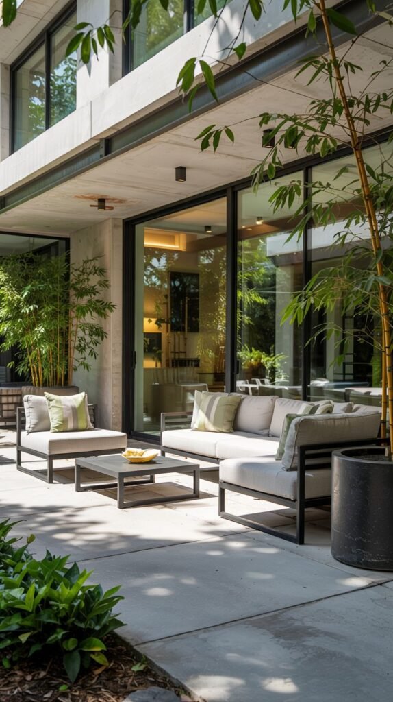 A modern outdoor patio with a concrete floor attached to a house with large windows. The patio is furnished with modern outdoor seating. Large potted plants are in the background.