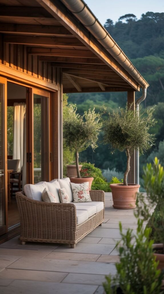 A covered stone tile patio with a wooden roof structure, attached to a wooden-sided house. The patio is furnished with a rattan sofa and potted olive trees.