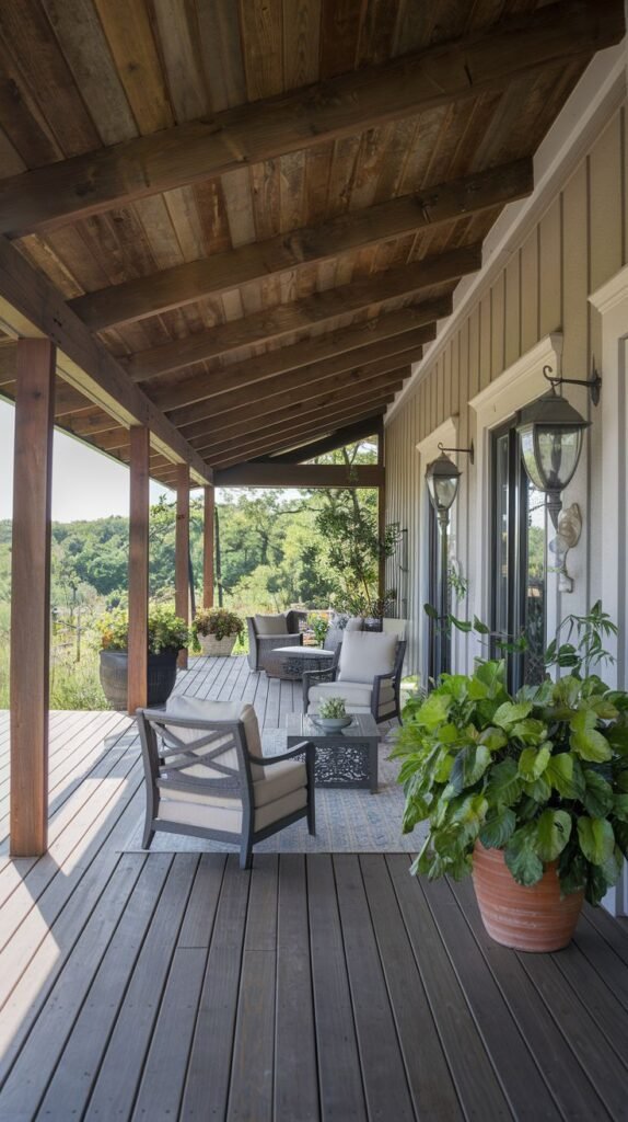 A covered wooden deck porch with dark wood planks and a wood-planked ceiling. It is furnished with outdoor chairs and a coffee table, and there are lanterns on the wall. A view of a wooded hillside is in the background.