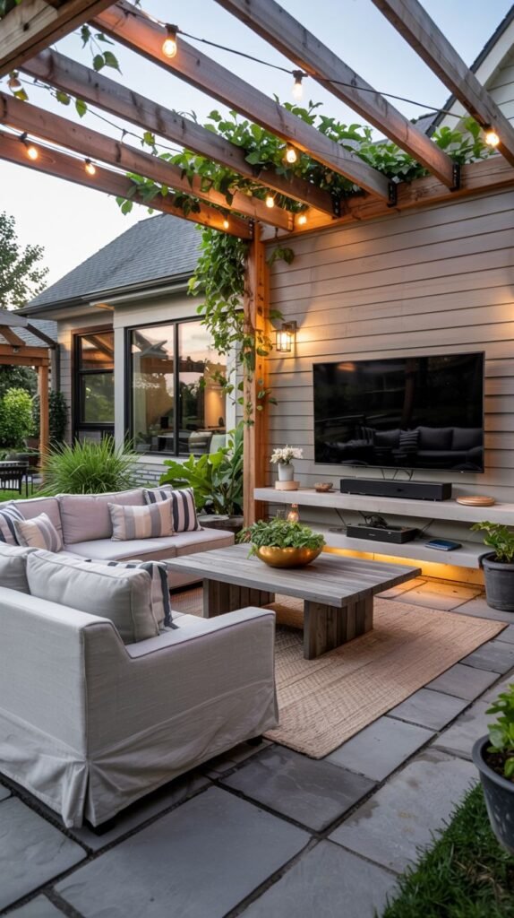 An outdoor patio with stone tiles and a wooden pergola with string lights. The patio is furnished with outdoor seating around a coffee table and features an outdoor television on the wall.