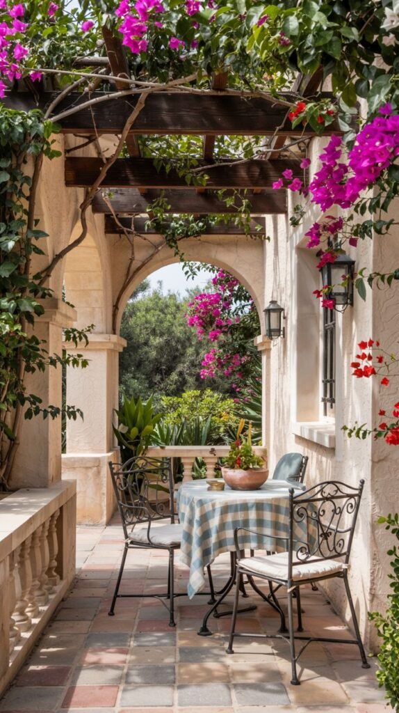 An outdoor patio with tiled flooring and arched openings, covered in vibrant pink bougainvillea. The patio is furnished with a small table and chairs with a checked tablecloth.