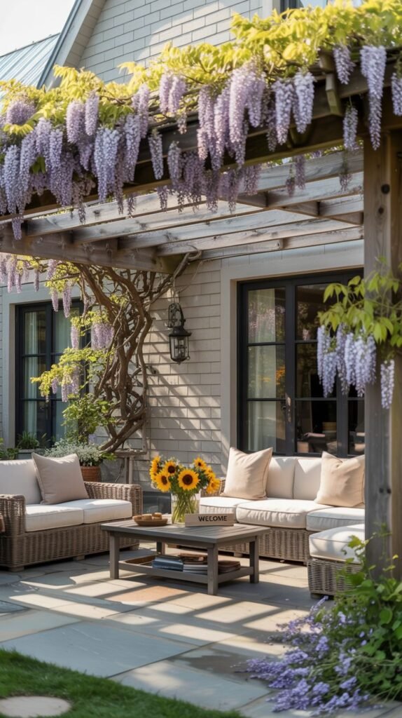 An outdoor patio with stone tiles and a wooden pergola covered in wisteria. The patio is furnished with outdoor seating around a coffee table.