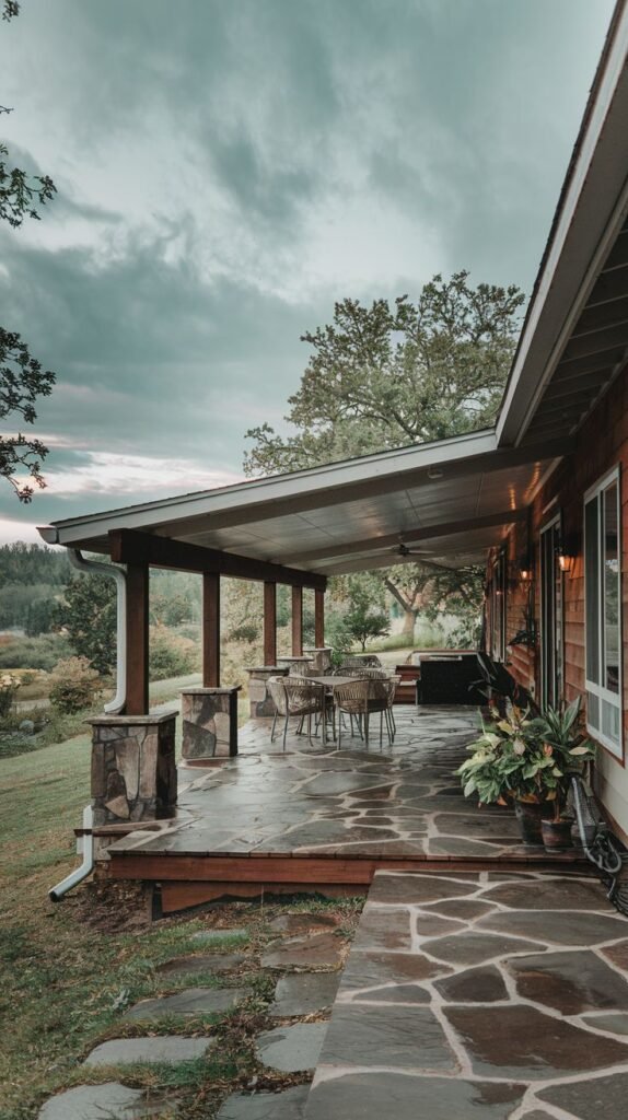 A covered patio with a stone slab floor. The roof is supported by columns with stone bases. The patio is furnished with a table and chairs, and there are potted plants. Gravel and stone steps lead up to the patio.