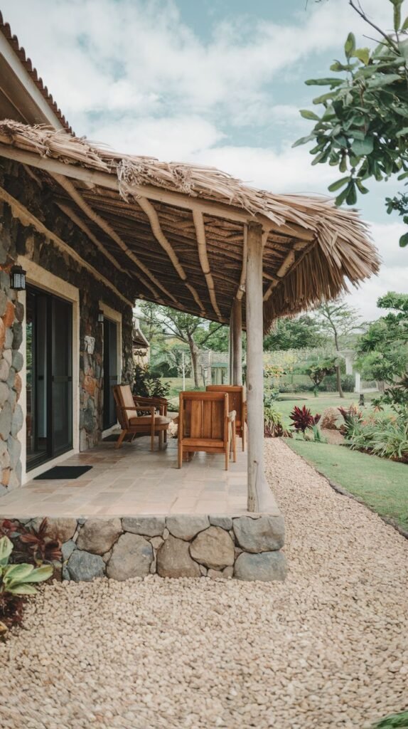 A covered patio with a tile floor and a thatched roof. The roof is supported by rustic wooden posts. There is outdoor furniture including chairs and a table. A gravel path is next to the patio. The house wall is made of stone.