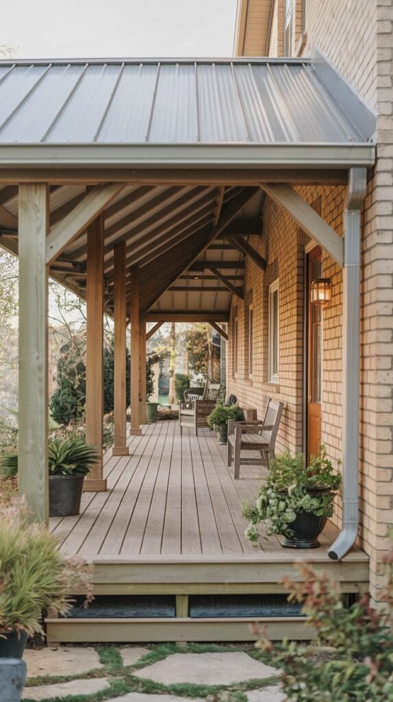A covered wooden deck porch attached to a brick house. The roof is metal and supported by wooden posts. The deck is furnished with chairs and tables, and there are potted plants.