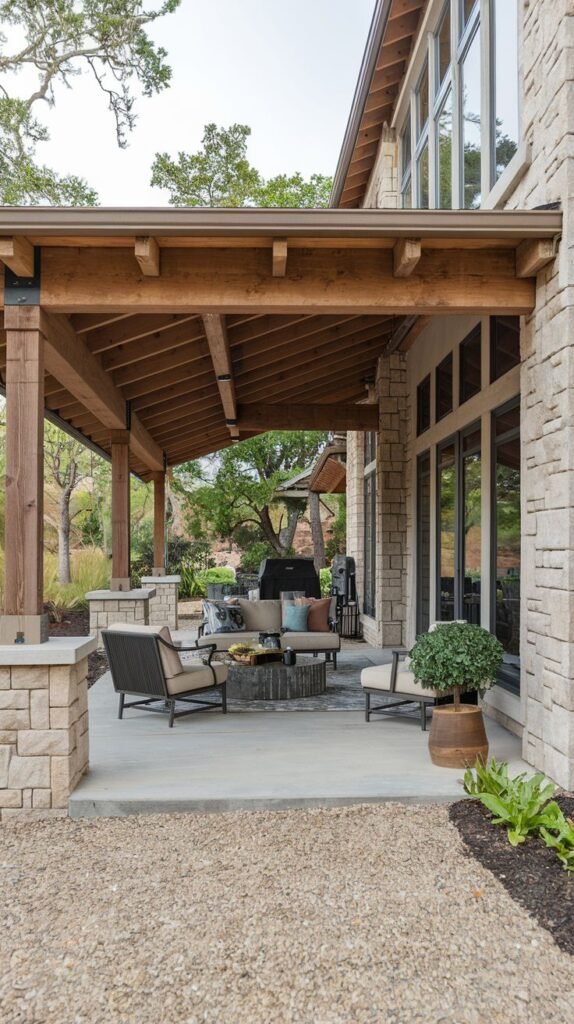 A covered patio with a concrete floor and a stone facade on the house. The patio is furnished with outdoor seating around a fire pit, and there is a grill in the background. The roof is supported by large wooden beams and stone columns.