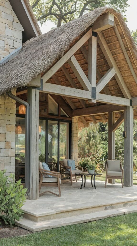A covered patio with a stone floor and a thatched roof. The roof is supported by large wooden posts and beams. The patio is furnished with chairs and a table. The house wall is made of stone.