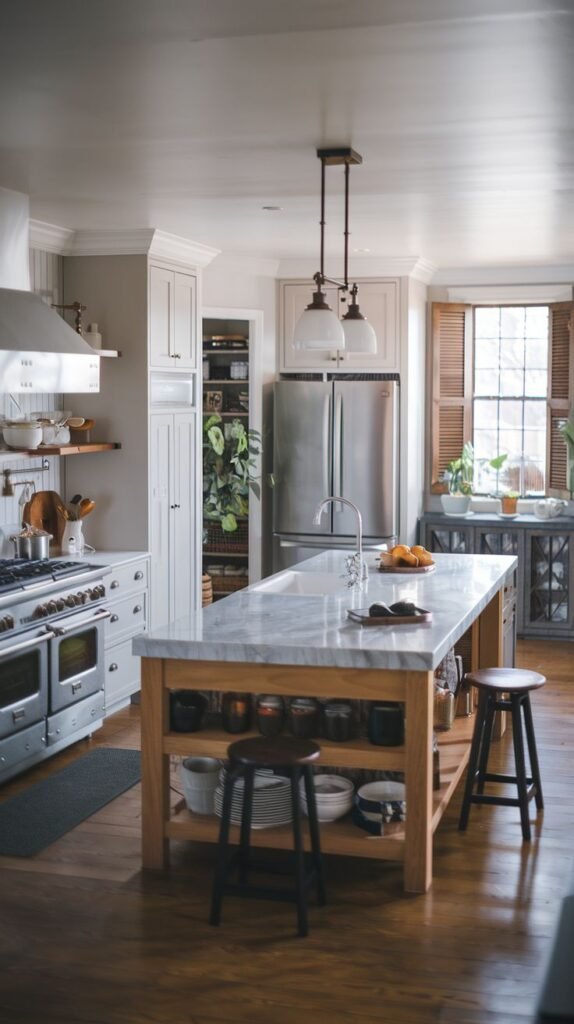A cozy farmhouse kitchen with a large marble-topped island, wooden floors, white cabinets, stainless steel appliances including a refrigerator and range, and potted plants near a window.