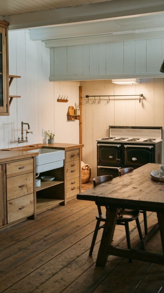 A cozy farmhouse kitchen with white paneled walls, simple wooden cabinets and shelves, a white farmhouse sink, a black and white range, and a wooden table with chairs.