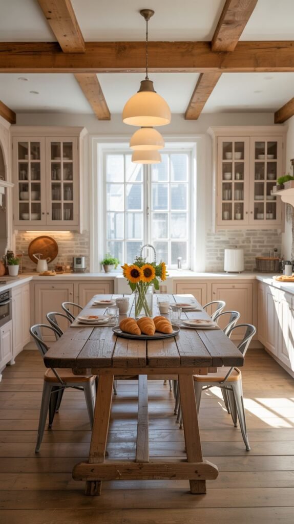 A cozy farmhouse kitchen featuring light pink cabinets, white tile backsplash, exposed wooden beams, a large window, and a rustic wooden table with metal chairs set for a meal.