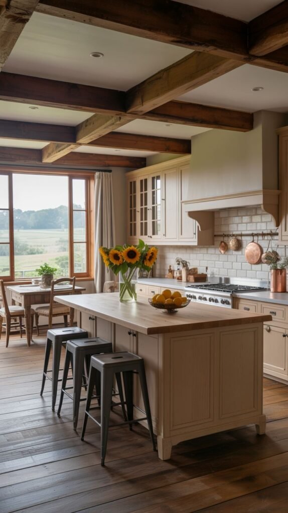A cozy farmhouse kitchen with exposed wooden beams, light-colored cabinets, a large wooden island, white tile backsplash, and a dining area near a large window.