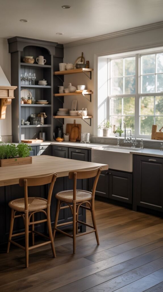 A cozy farmhouse kitchen featuring dark gray cabinets, open shelving with dishes, a wooden island with seating, a farmhouse sink, and a large window.