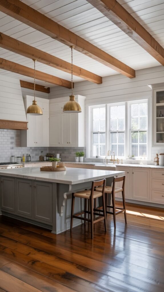 A cozy farmhouse kitchen with white paneled ceiling and exposed beams, white and gray cabinets, a large island with seating, marble countertop, and bright sunlight streaming through windows.