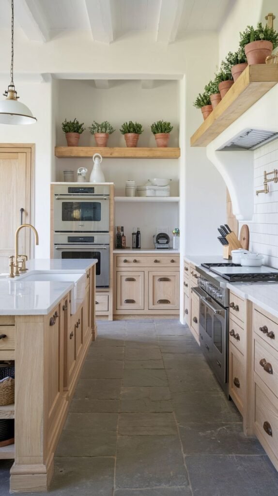 A cozy farmhouse kitchen featuring light-colored wooden cabinets and island, stone tile floor, white subway tile backsplash, integrated double ovens, and open shelving with potted plants.