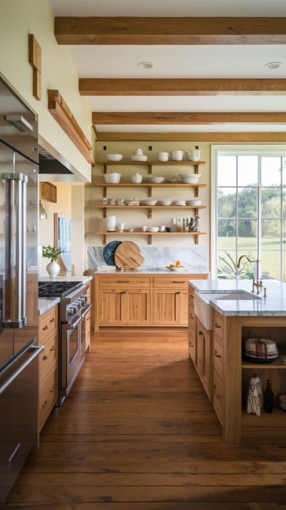 A cozy farmhouse kitchen with exposed wooden beams, light-colored wooden cabinets and island, marble countertop, open shelving, a stainless steel range and refrigerator, and wooden floors.
