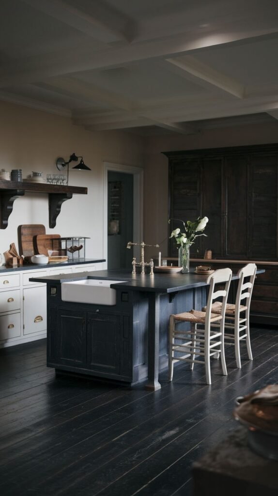A cozy farmhouse kitchen with dark wood floors, a large dark island with a farmhouse sink, white lower cabinets, open shelving, and a tall dark cabinet or hutch.