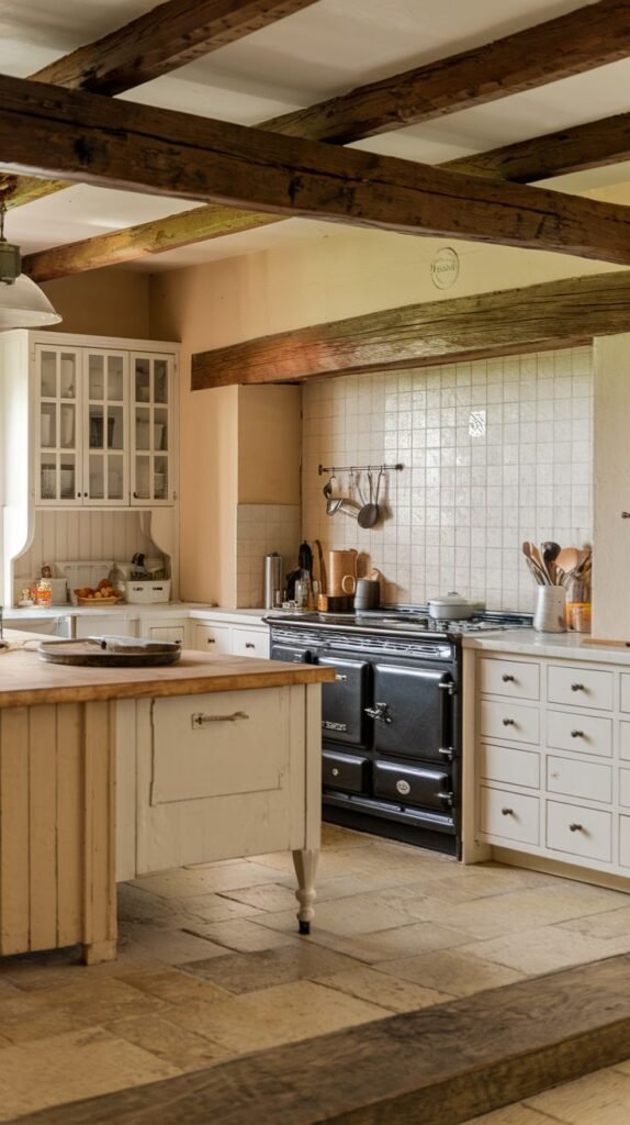 A cozy farmhouse kitchen featuring exposed wooden beams, white tile backsplash, a large black range, white cabinets with many small drawers, a light-colored island, and stone tile floors.