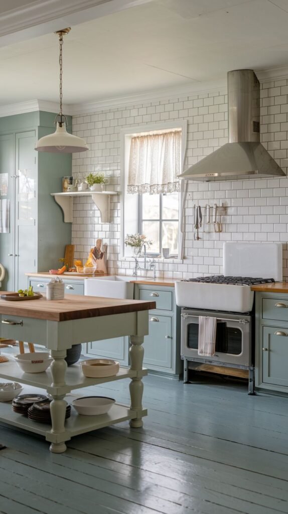A cozy farmhouse kitchen featuring light blue cabinets, white subway tile backsplash, a large farmhouse sink, a metal range hood, a wooden island, and a light blue painted wooden floor.