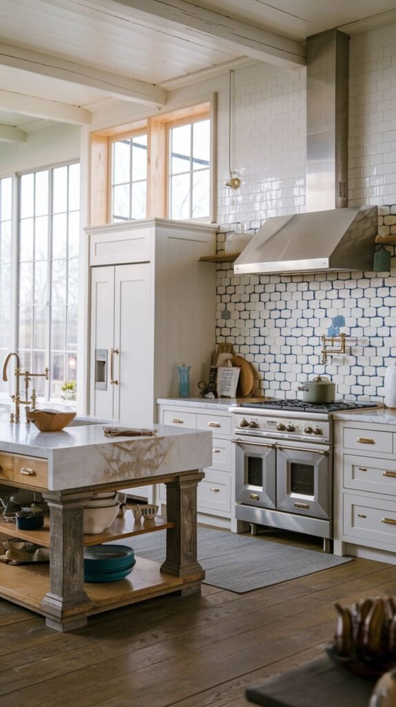 A cozy farmhouse kitchen with white cabinets, a marble-topped island, patterned tile backsplash, a stainless steel range and hood, wooden floors, and large windows.