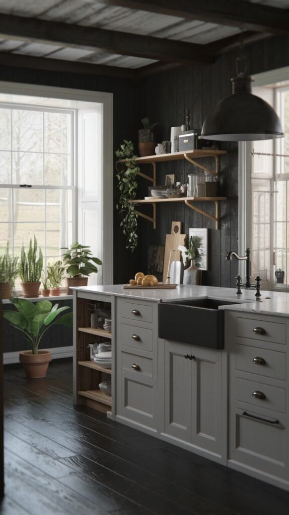 A cozy farmhouse kitchen featuring dark paneled walls and ceiling, light gray cabinets, open wooden shelving, a black farmhouse sink, and potted plants on a windowsill and shelves.