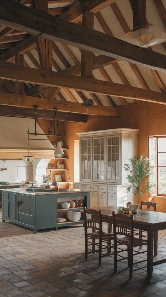 A cozy farmhouse kitchen with a high ceiling with exposed wooden beams and supports, a large island with storage, a dining area, and warm-toned walls and brick floor.
