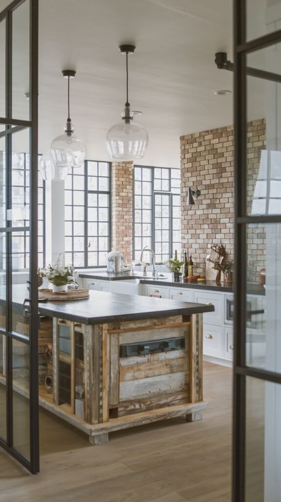 An industrial-inspired cozy farmhouse kitchen with exposed brick, large grid-style windows, a large island made of reclaimed wood, and two glass pendant lights.