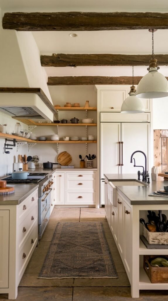 A cozy farmhouse kitchen featuring white cabinets, a dark rug, open shelving with dishes and decor, a white range hood, and exposed wooden beams on the ceiling.
