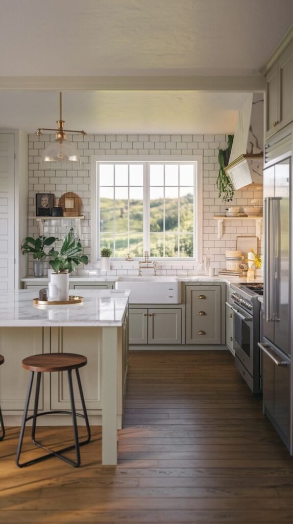 A cozy farmhouse kitchen with white subway tile backsplash, light gray cabinets, a large window with a view, a marble-topped island with a stool, and potted plants on open shelves.