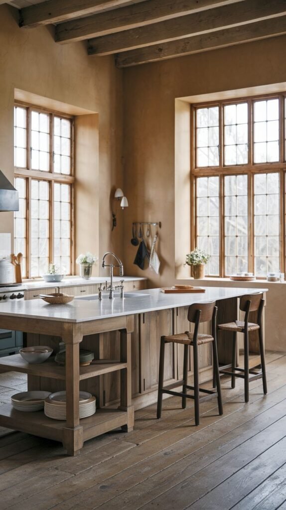A cozy farmhouse kitchen characterized by warm-toned plaster walls, large windows with multiple panes, wooden cabinets and island, two stools with woven seats, and exposed wooden beams.