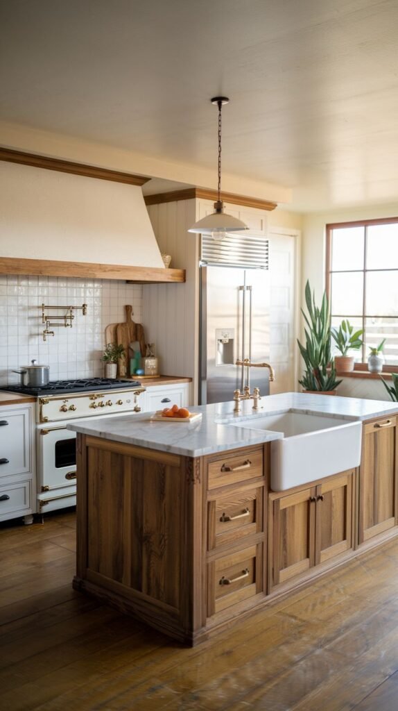 A cozy farmhouse kitchen with a large wooden island featuring drawers and a farmhouse sink, white cabinets, a cream-colored range, a stainless steel refrigerator, and warm wooden floors.