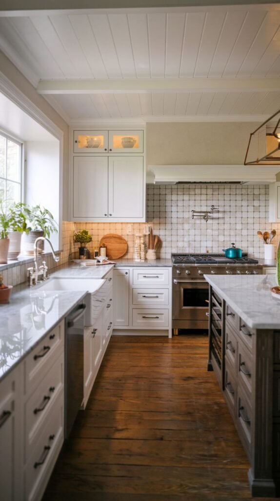 A cozy farmhouse kitchen featuring white cabinets, marble countertops, a farmhouse sink, a stainless steel range, wooden floors, and white beadboard ceiling with exposed beams.