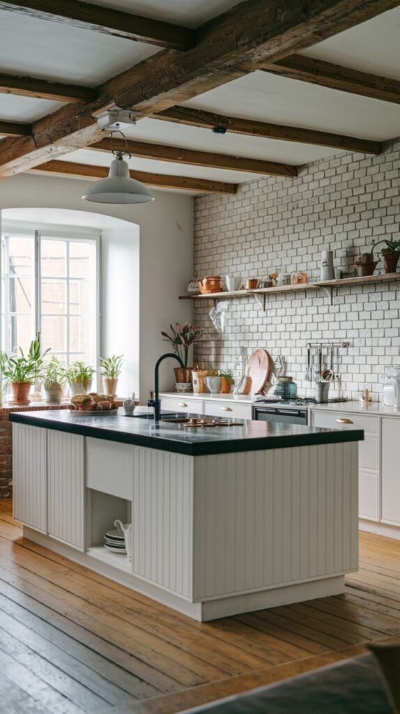 A cozy farmhouse kitchen with exposed wooden beams, a white painted brick wall, a large white island with a dark countertop and beadboard paneling, open shelving, and many potted plants on a window sill.