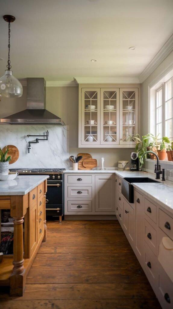 A cozy farmhouse kitchen featuring light-colored cabinets with glass doors, a wooden island, white countertops and backsplash, a black range, and warm wooden floors.