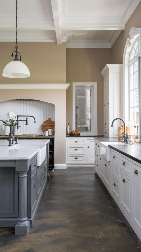 A cozy farmhouse kitchen with white cabinets, a dark island, a large white farmhouse sink, arched ceiling details, and a large arched window.