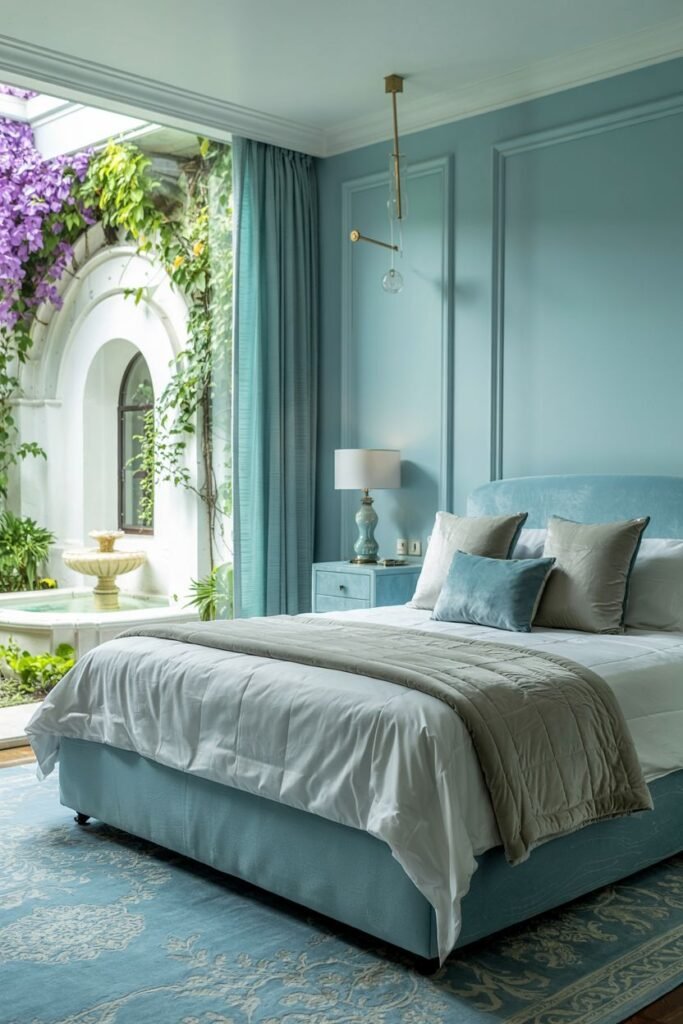 A cozy bedroom with light blue walls and bedding, featuring a large window looking out onto a lush courtyard with a fountain.