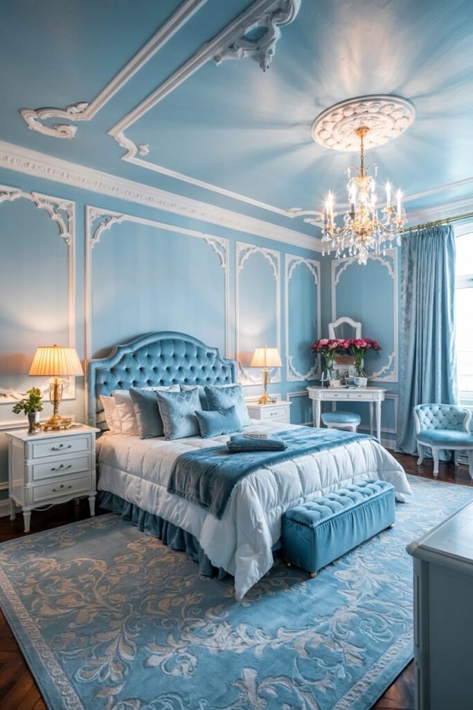A highly decorated and cozy bedroom with light blue walls, ornate white trim, a tufted bed, and a crystal chandelier.