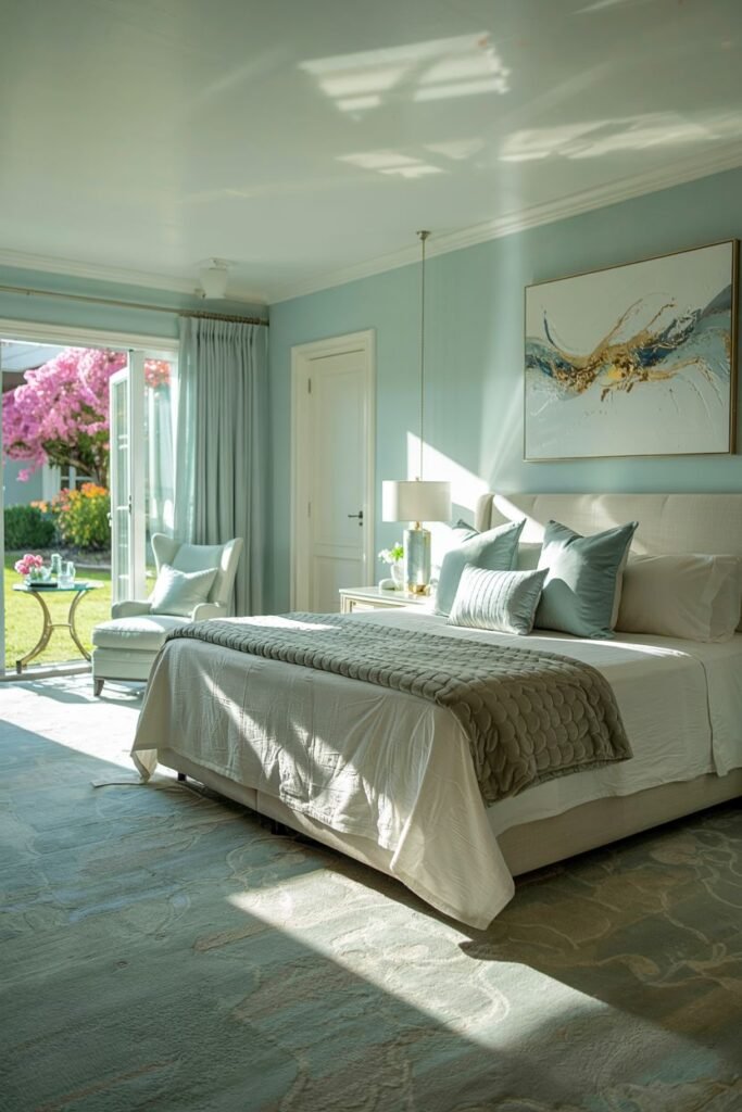 A sun-drenched and cozy bedroom with light blue walls, featuring a bed with a grey throw and a view of a garden through french doors.