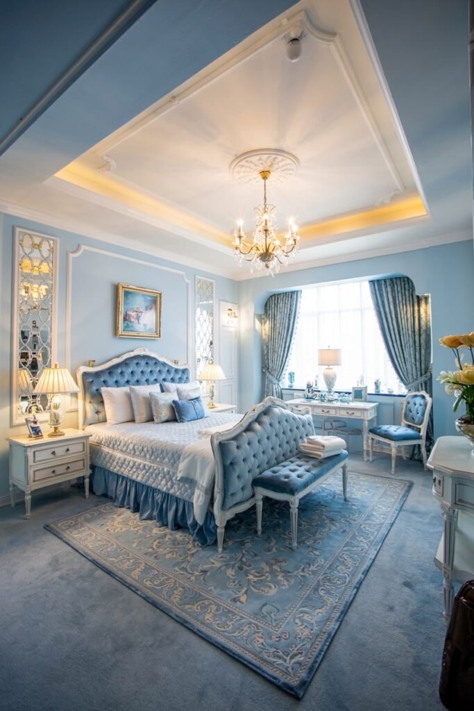 A regal and cozy bedroom in light blue with ornate trim, a tufted headboard, a bench, and a crystal chandelier.