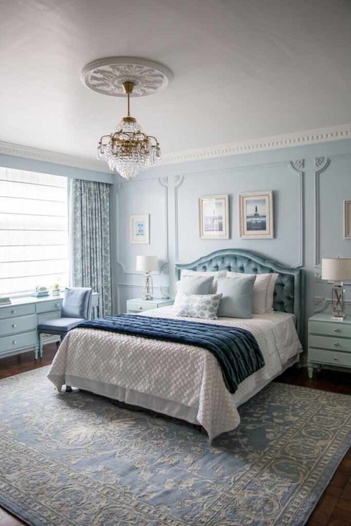 A classic and cozy bedroom with light blue walls and accent wall, featuring a tufted headboard, crystal chandelier, and patterned rug.