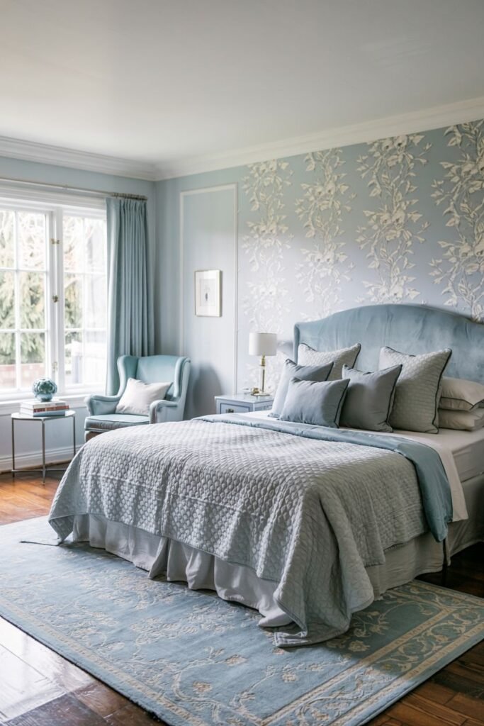 A cozy bedroom with light blue walls, one featuring white floral wallpaper, a bed with a grey quilt, and an armchair by the window.