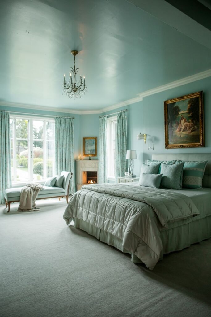 A spacious and cozy bedroom with light blue walls and ceiling, featuring a bed, chaise lounge, fireplace, and large windows.