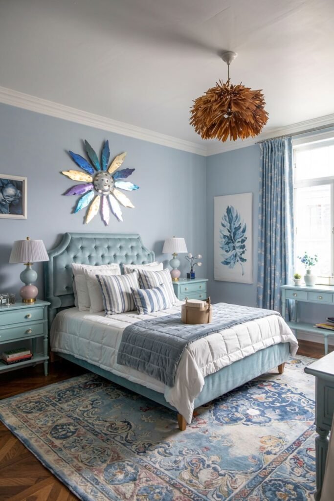 A colourful and cozy bedroom in light blue with a tufted headboard, patterned rug, unique wall mirror, and wooden ceiling light.