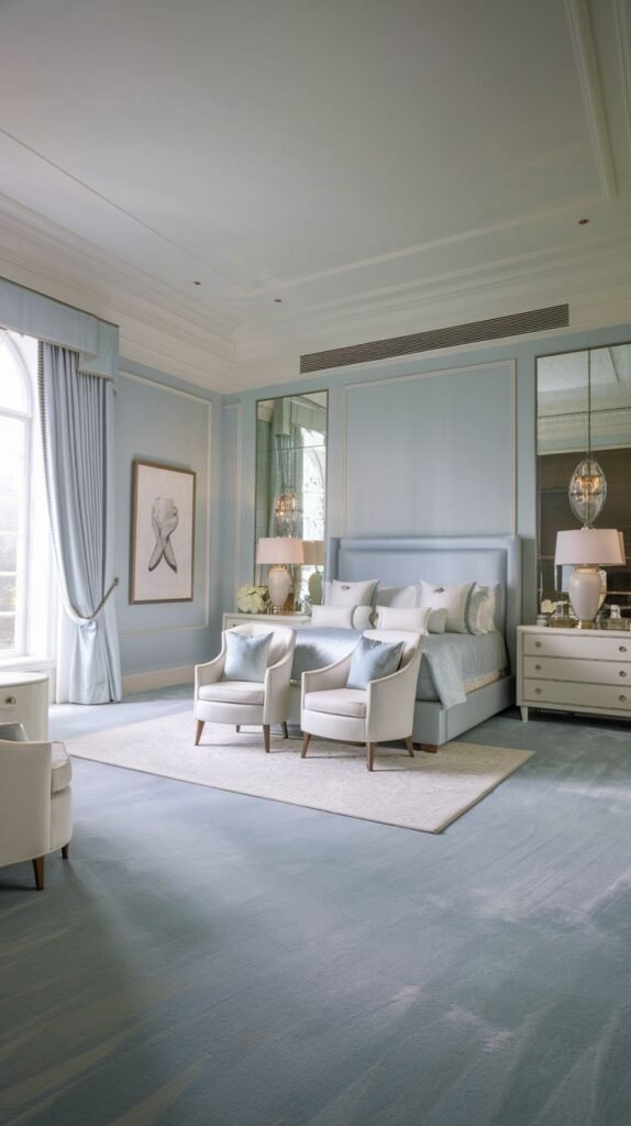 A minimalist and cozy bedroom in light blue with mirrored wall panels, a large bed, and two armchairs on a light blue carpet.